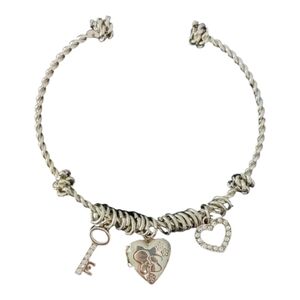 Charm Dangle Twisted Bracelet Clear Rhinestone Skeleton Key Heart Locket Silver